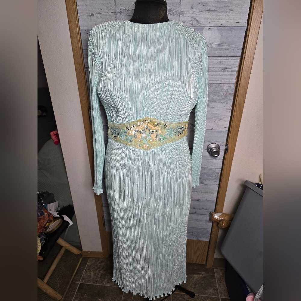 Vtg 80's Ricki Lang for Nuit Mint Green Pleated Dress with Sequin Beaded Belt